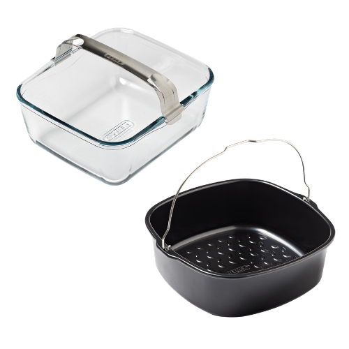 Set of 2 air fryer dishes with handles - glass and metal