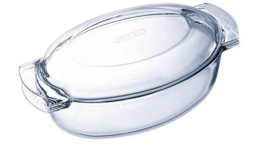 Large oval glass casserole dish