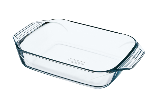 Rectangular glass baking dish with large handles for easy handling.