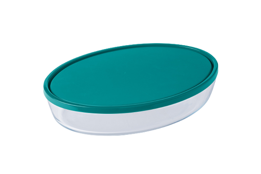 Oval family-sized glass baking dish with plastic lid.