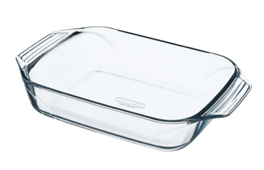 Rectangular glass baking dish with large handles for easy handling.