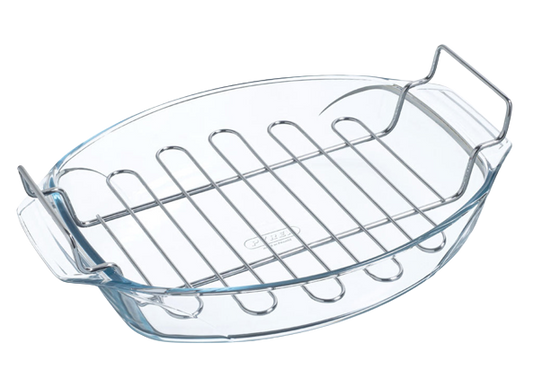 Oval glass baking dish with large handles and stainless steel baking rack.