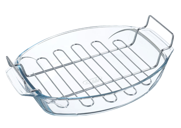 Oval glass baking dish with large handles and stainless steel baking rack.