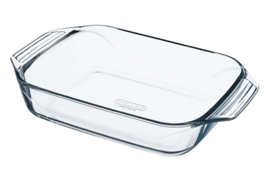 Rectangular glass baking dish with large handles for easy handling.