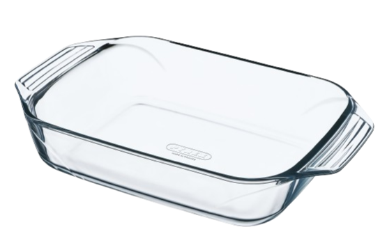 Rectangular glass baking dish with large handles for easy handling.