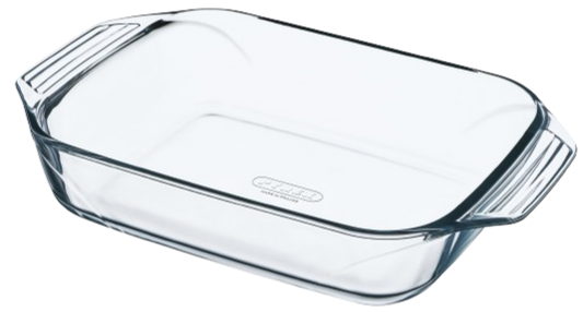 Rectangular glass baking dish with large handles for easy handling.