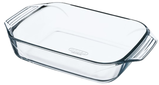 Rectangular glass baking dish with large handles for easy handling.