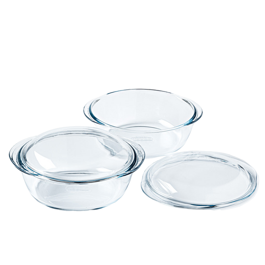 Set of 2 round glass casserole dishes