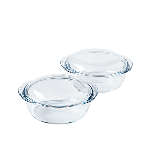 Set of 2 round glass casserole dishes