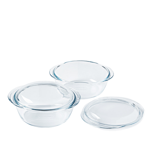 Set of 2 round glass casserole dishes