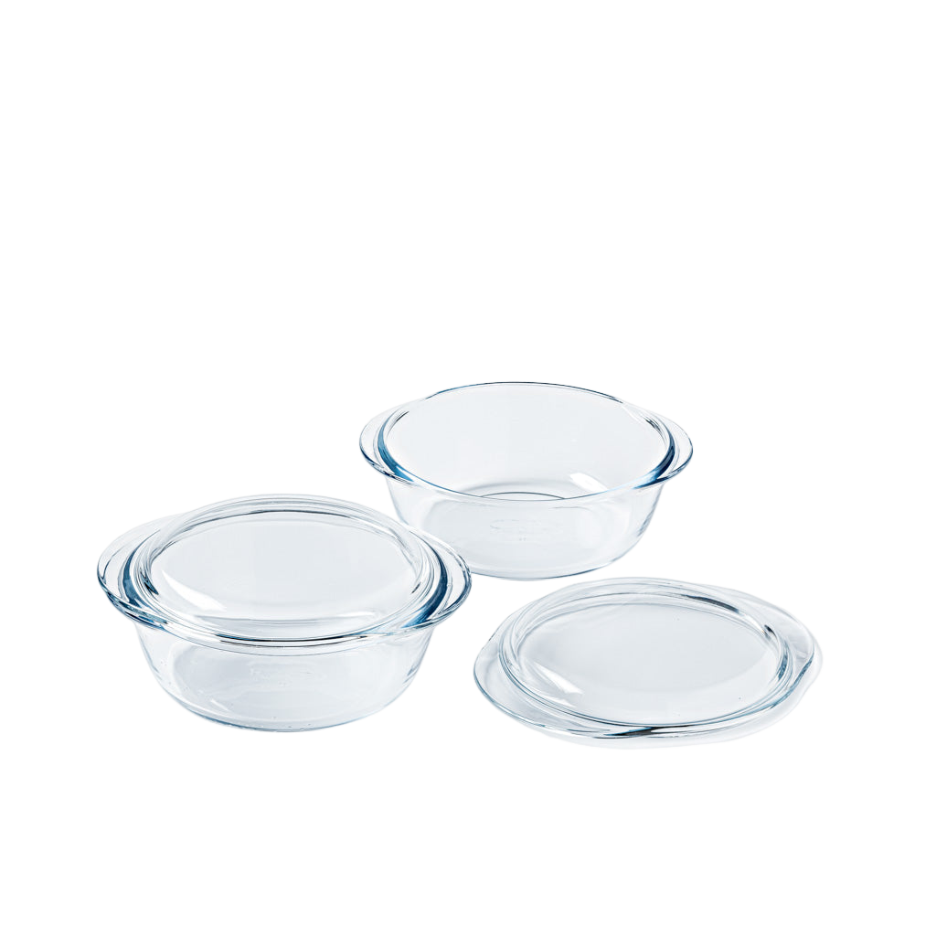 Set of 2 round glass casserole dishes
