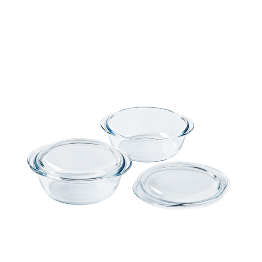Set of 2 round glass casserole dishes