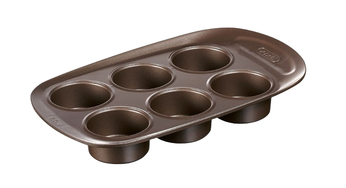 6-cup metal muffin tin with non-stick coating and large handles for easy handling.