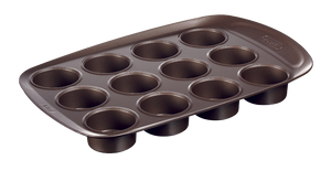 12-cup metal muffin tin with non-stick coating and large handles for easy handling.