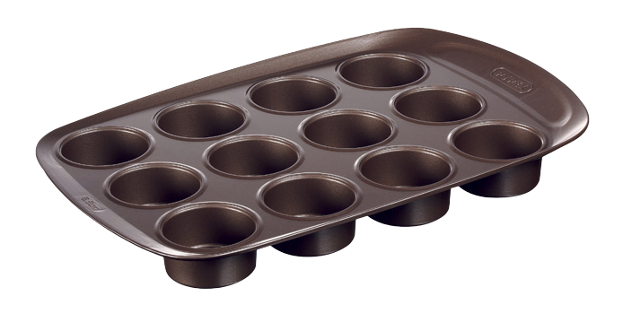 12-cup metal muffin tin with non-stick coating and large handles for easy handling.