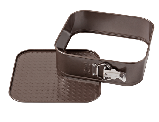 Square hinged mould in non-stick metal.