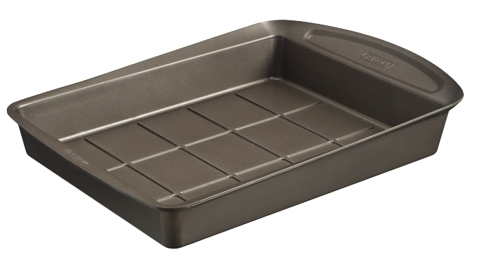 Rectangular non-stick metal brownie pan with large handles for easy handling.