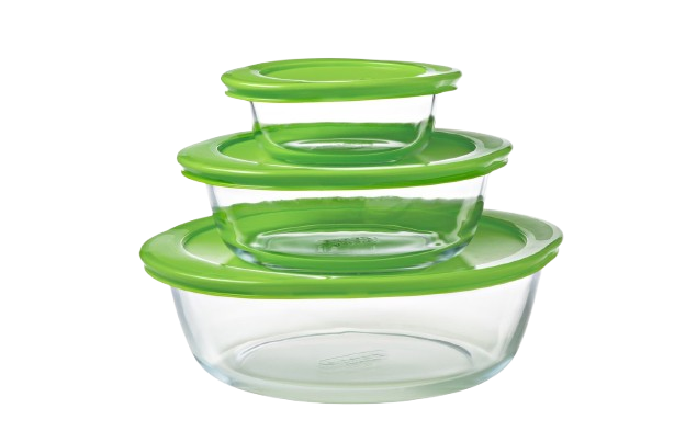 Ensemble de trois boîtes de conservation en verre avec couvercles hermétiques verts, idéales pour conserver ou transporter les aliments.