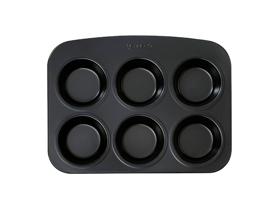 6-cup metal muffin tin with non-stick coating and a large handle for easy handling, seen from above.