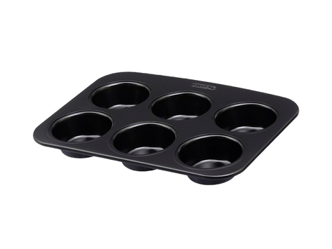6-cup metal muffin tin with non-stick coating and a large handle for easy handling.