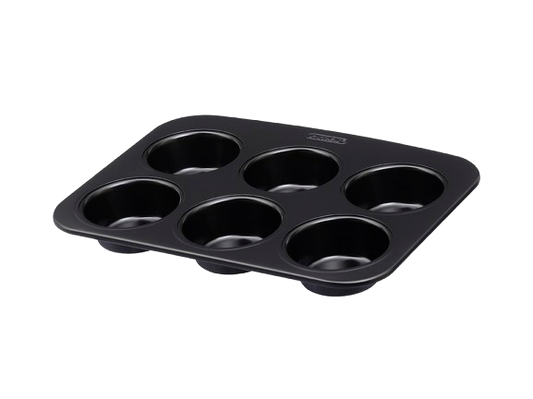 6-cup metal muffin tin with non-stick coating and a large handle for easy handling.