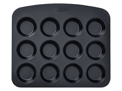 12-cup metal muffin tin with non-stick coating and a large handle for easy handling, seen from above.