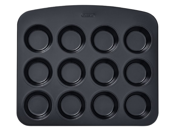 12-cup metal muffin tin with non-stick coating and a large handle for easy handling, seen from above.