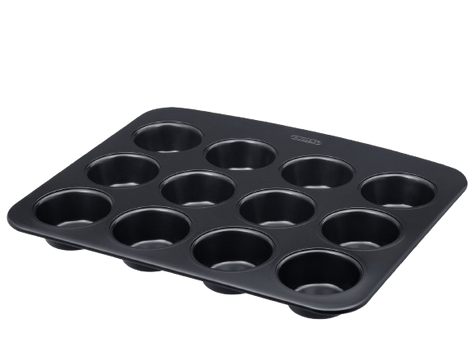 12-cup metal muffin tin with non-stick coating and a large handle for easy handling