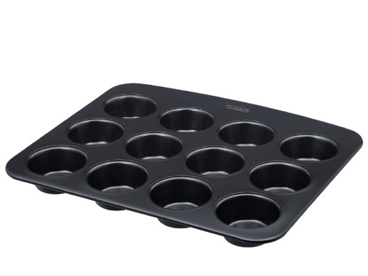 12-cup metal muffin tin with non-stick coating and a large handle for easy handling