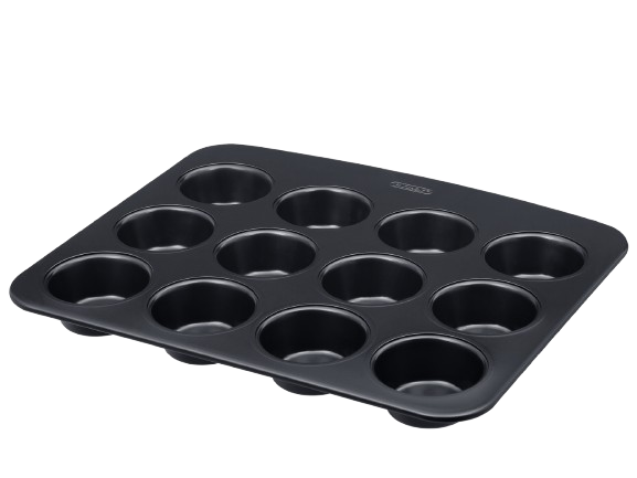 12-cup metal muffin tin with non-stick coating and a large handle for easy handling