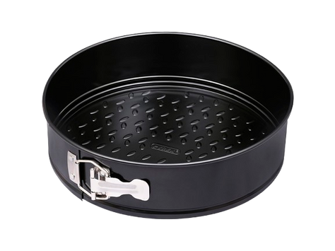 Round springform pan made of black non-stick metal.