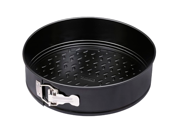 Round springform pan made of black non-stick metal.