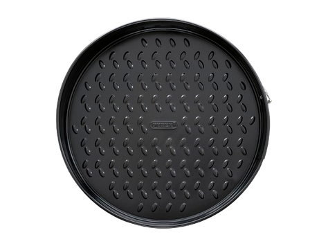 Round hinged mould made of black non-stick metal, viewed from above.
