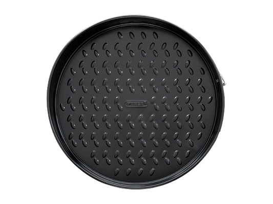 Round hinged mould made of black non-stick metal, viewed from above.