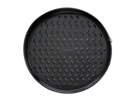 Round hinged mould made of black non-stick metal, viewed from above.