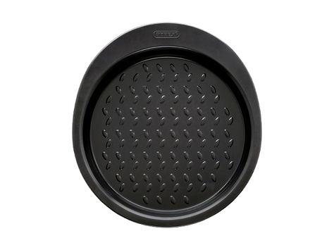 Metal cake tin with black non-stick coating and a large handle for easy grip, seen from above.