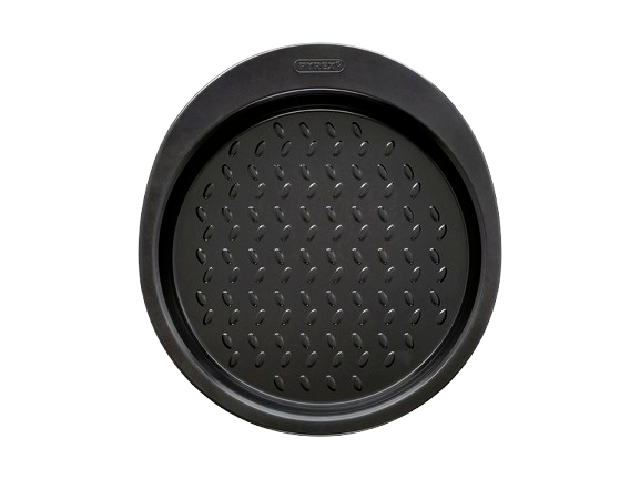 Metal cake tin with black non-stick coating and a large handle for easy grip, seen from above.