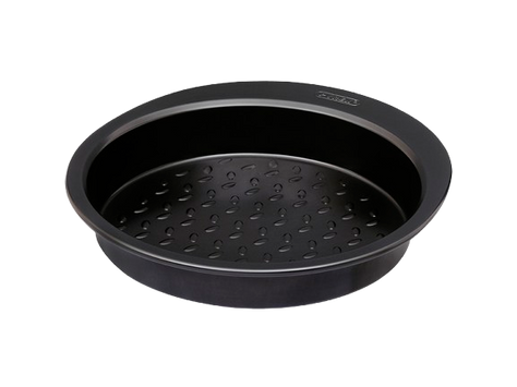 Metal cake tin with black non-stick coating and a large handle for easy grip.