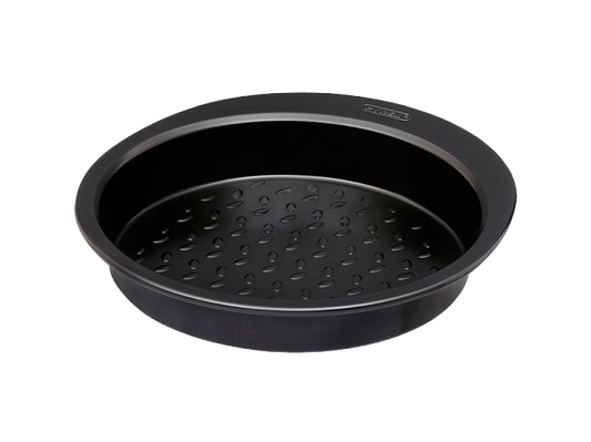 Metal cake tin with black non-stick coating and a large handle for easy grip.