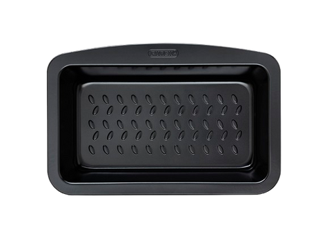 Metal cake tin with black non-stick coating and a large handle for easy grip, seen from above.