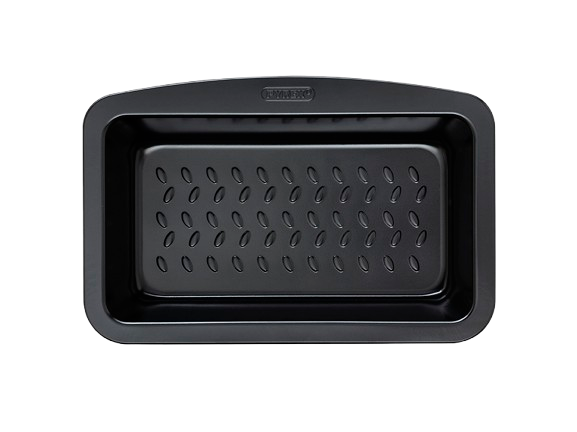 Metal cake tin with black non-stick coating and a large handle for easy grip, seen from above.