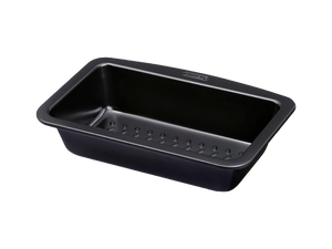 Metal cake tin with black non-stick coating and a large handle for easy grip.