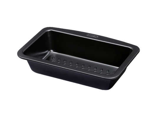 Metal cake tin with black non-stick coating and a large handle for easy grip.
