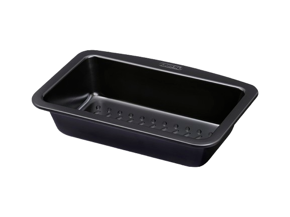 Metal cake tin with black non-stick coating and a large handle for easy grip.