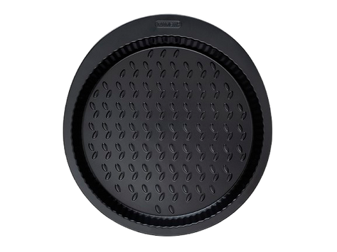 Black metal tart tin with large handles for easy grip, seen from above.