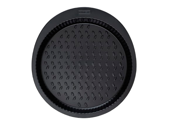 Black metal tart tin with large handles for easy grip, seen from above.