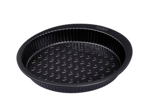 Black metal tart tin with large handles for easy grip.