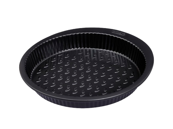 Black metal tart tin with large handles for easy grip.