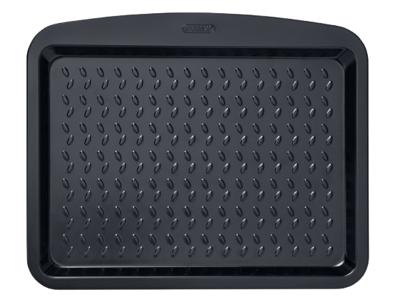 Rectangular baking tray with black non-stick coating, viewed from above.