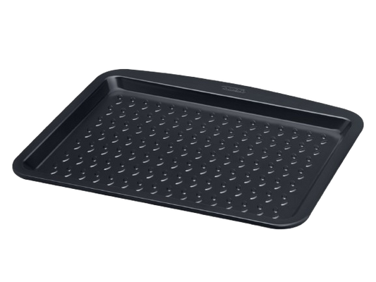 Rectangular baking tray with black non-stick coating.